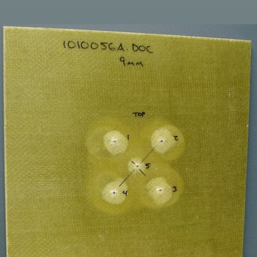 Armor panel showing shot pattern after ballistic test